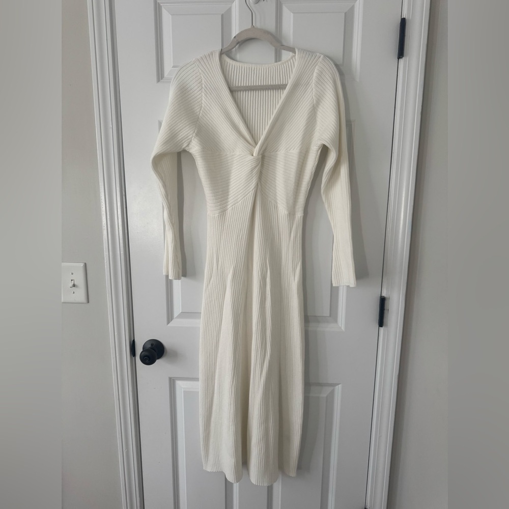 White Ribbed Knit Sweater Dress